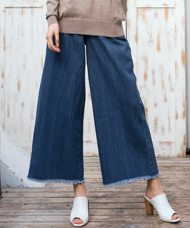 Pierrot 裾フリンジ デニムワイドパンツ