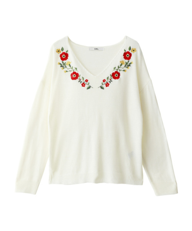 GRL　Vネック花柄刺繍ニットプルオーバー