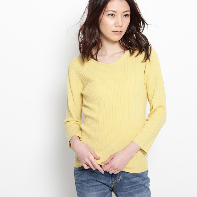 縦リブ織Vネックプルオーバーニット