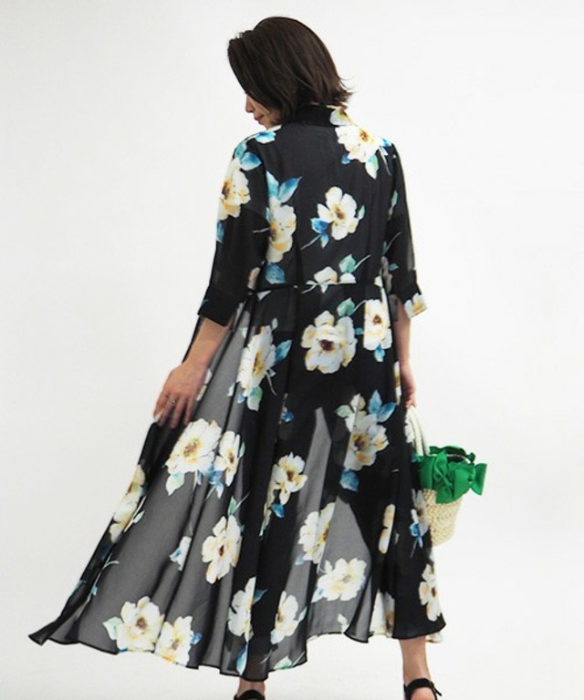 シフォン花柄プリントガウンワンピース