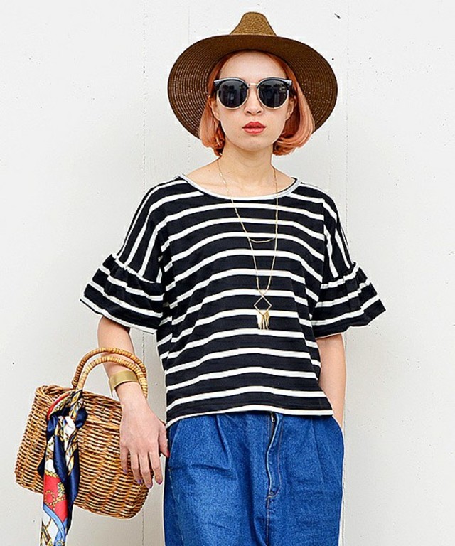 袖フレア半袖ボーダー薄手スウェットトップス