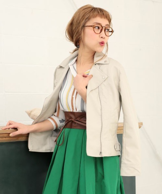 select MOCA ダブルカラーボタンジッパー付き柔らかフェイクレザー長袖ライダースジャケット