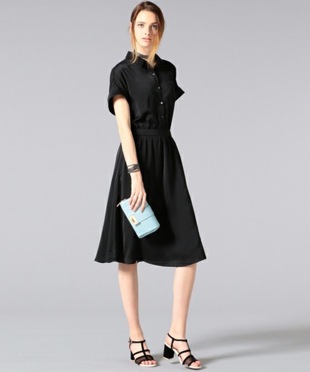 ブラックサテンシャツワンピース