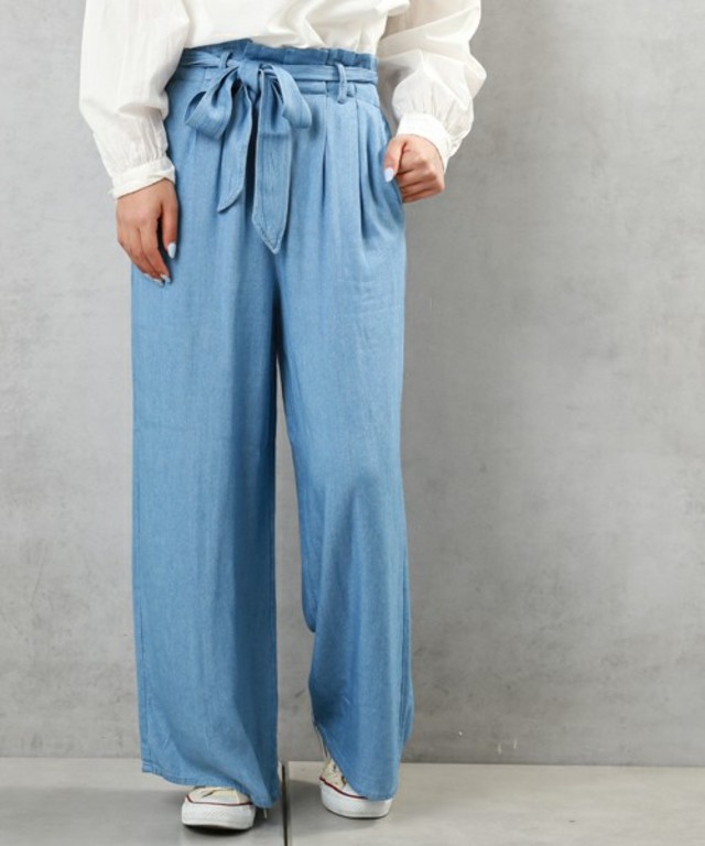 レーヨンデニムリボン付ワイドパンツ