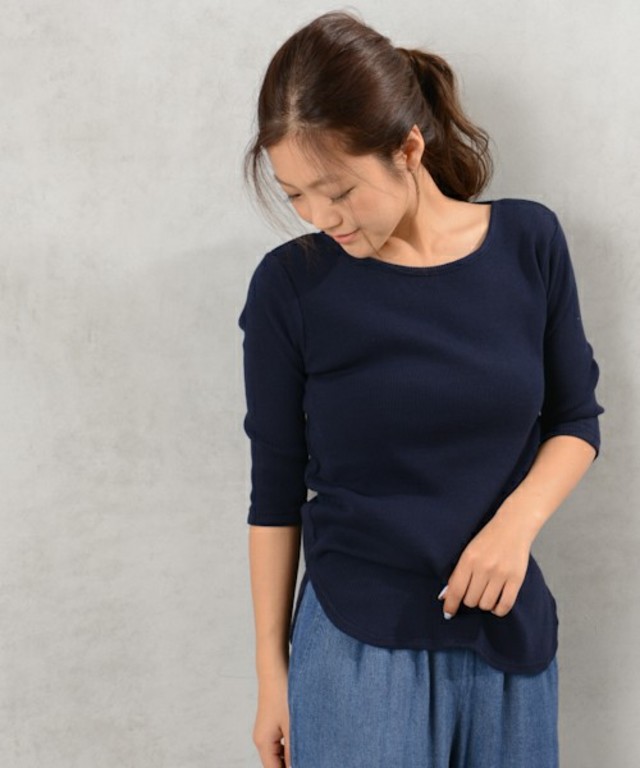 ボーダーテレコ変形オフショル 7分袖プルオーバー