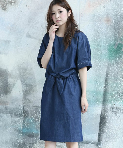r.p.s デニムボリュームスリーブリボンワンピース