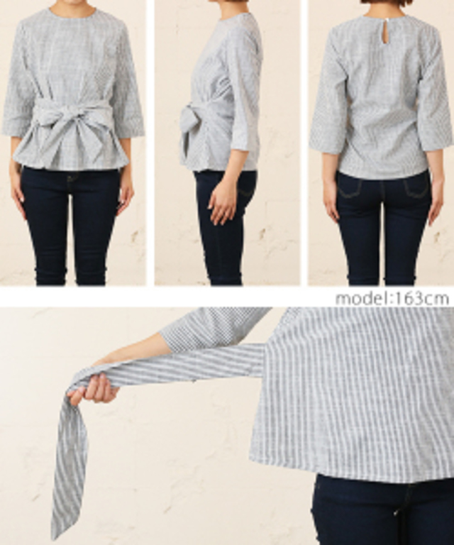 ウエストリボンストライプブラウス