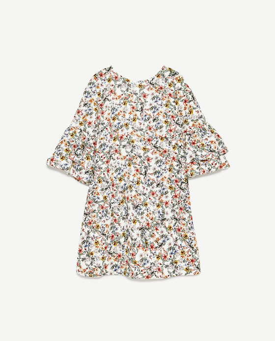 フリルスリーブフラワープリントワンピース