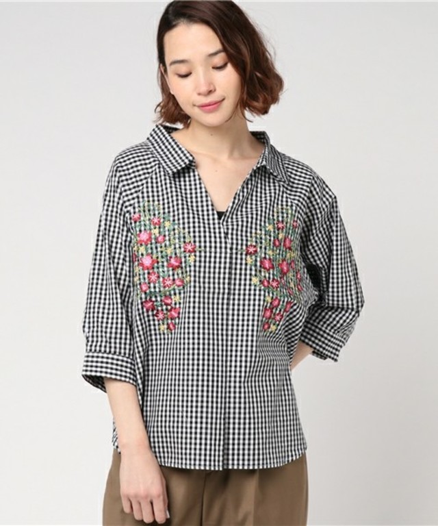 綿ブロード✕刺繍スキッパーシャツ / mysty woman