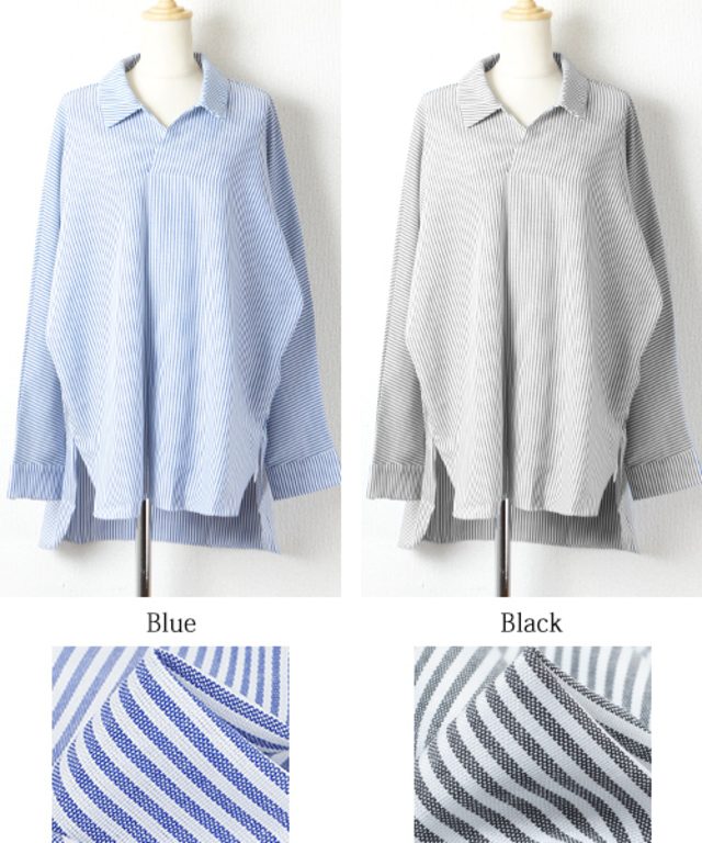 ストライプロング丈スキッパーシャツ