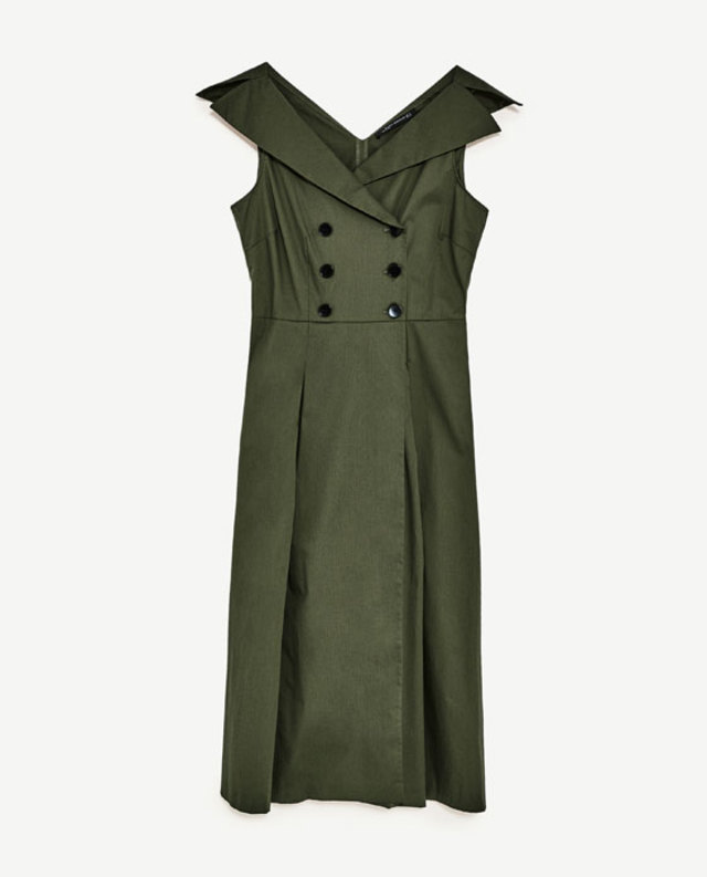 シャツ風ネックラインデザインミディ丈ワンピース