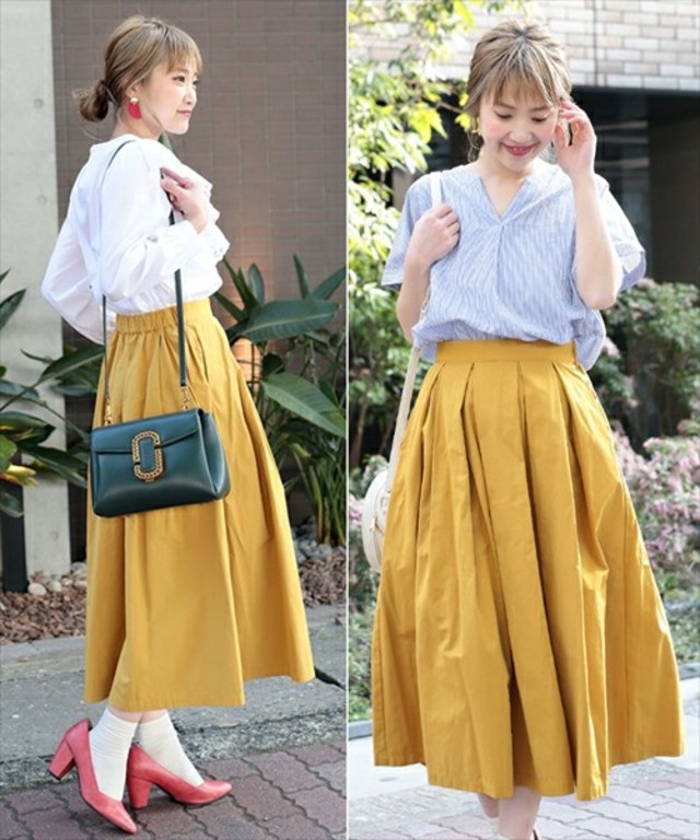 ボリュームフレア立体シルエットウエスト後ろゴムロング丈スカート