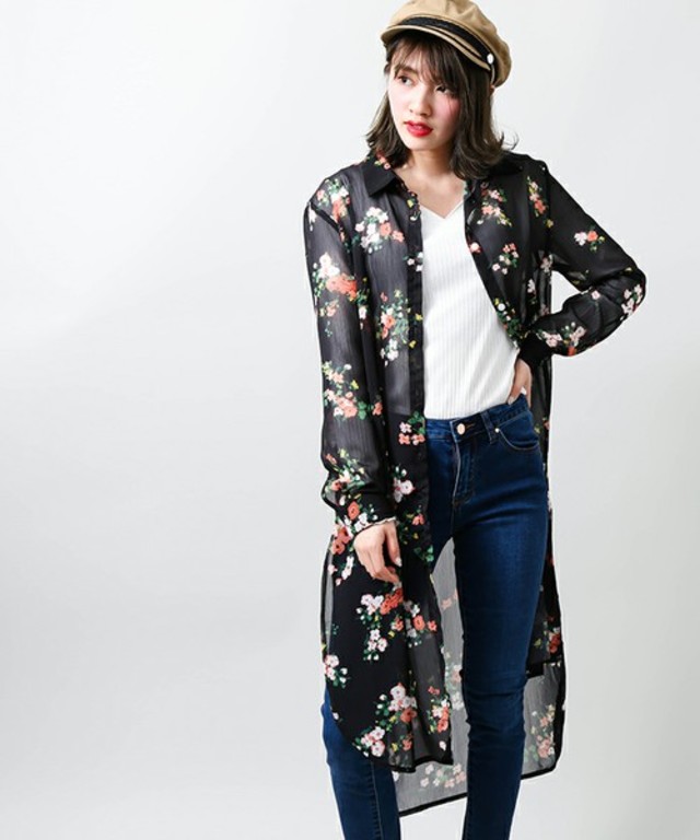 WEGO　花柄シアーロングシャツワンピース
