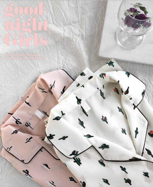 サボテンパターンパジャマシャツ&ショートパンツSET/全2色