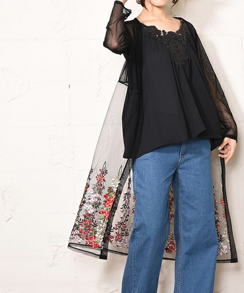 coca/マーガレット柄刺繍ロングカーディガン