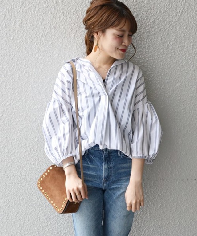 SHIPS for women ギャザースリーブストライプビッグシャツ
