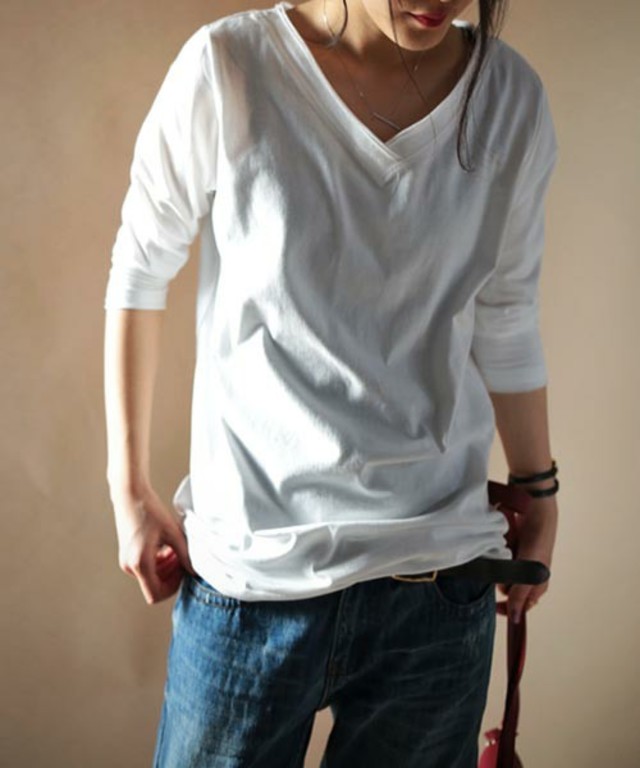 antiqua　切りっぱなしＶネック７分袖Ｔ