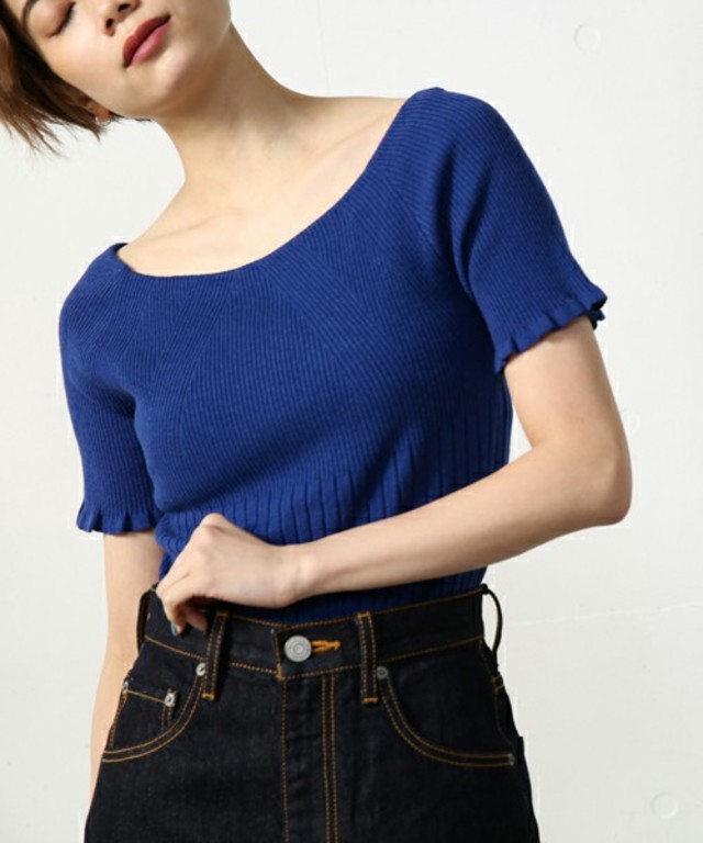 AZUL by moussy  ランダムリブオフショルニット