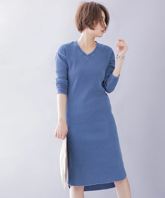 nano・universe インディゴワッフルVネックロングワンピース