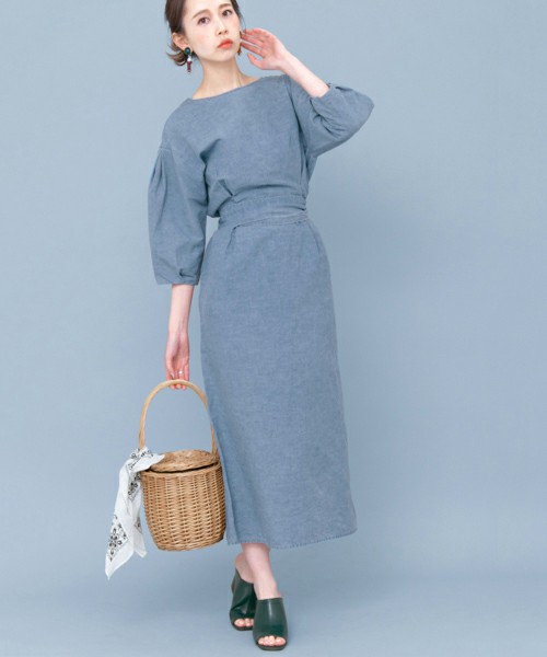 KBF ウエストリボンインディゴワンピース