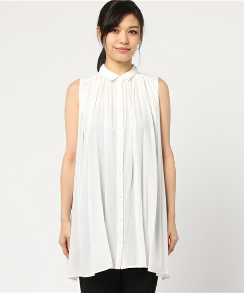 r.p.s　たっぷりギャザーレーヨンノースリーブシャツチュニック