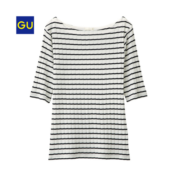 （GU）ボーダーリブＴ（５分袖）