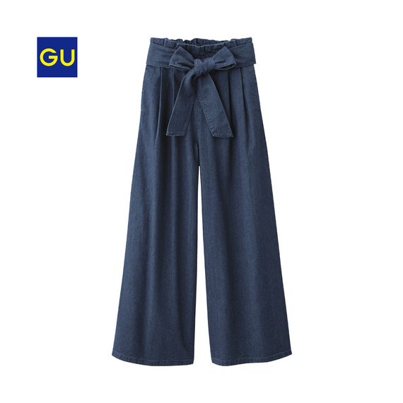 （GU）デニムウエストリボンワイドパンツ