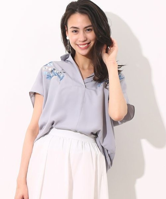 ViS カラー刺繍フレンチ袖バックシャン