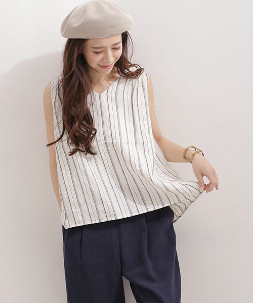 nano・universe フレンチリネンノースリーブVブラウス