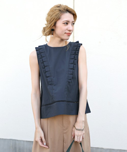 select MOCA 2段プリーツフリルコットン100％バックボタン付きノースリーブブラウストップス