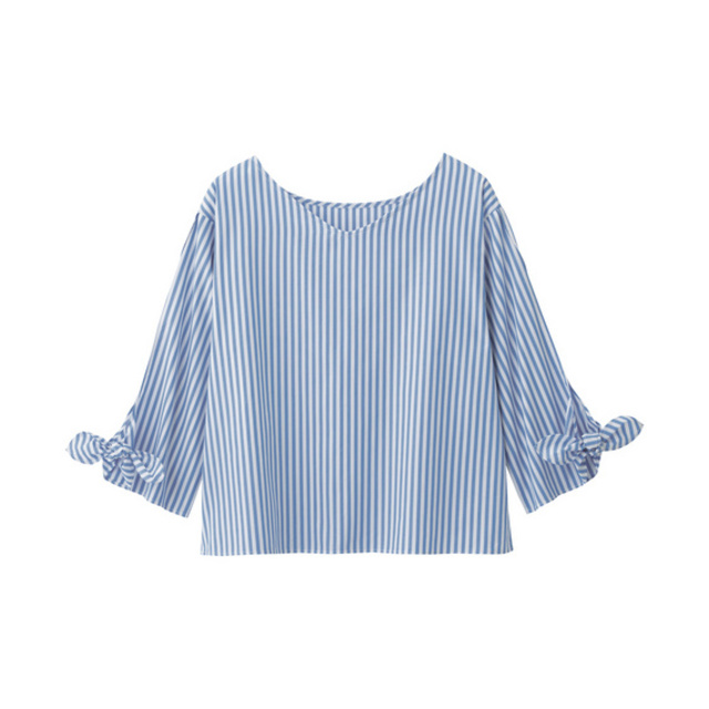 (GU)ストライプリボンスリーブブラウス(7分袖)BA