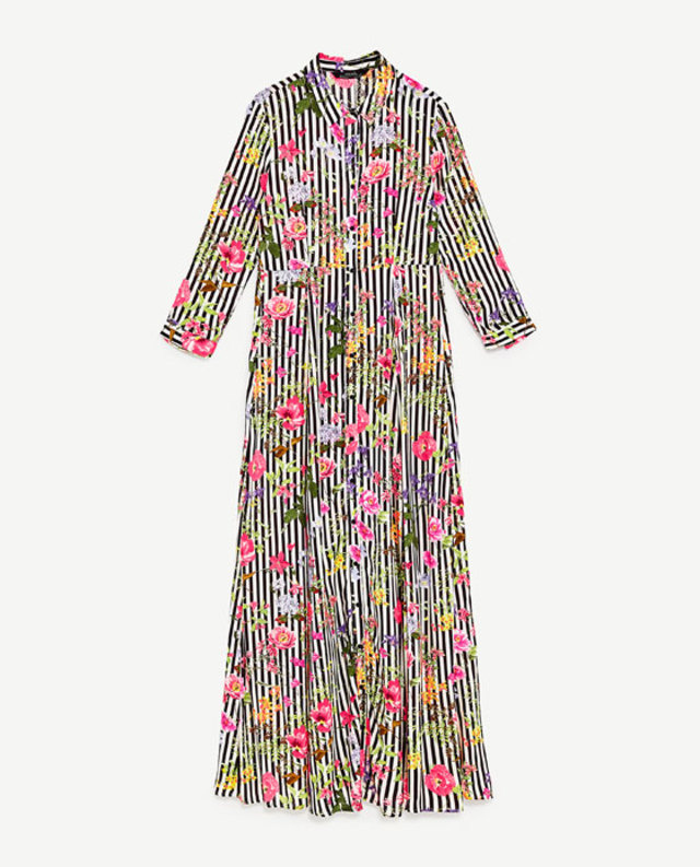 ロングストライプ＆フラワープリントワンピース