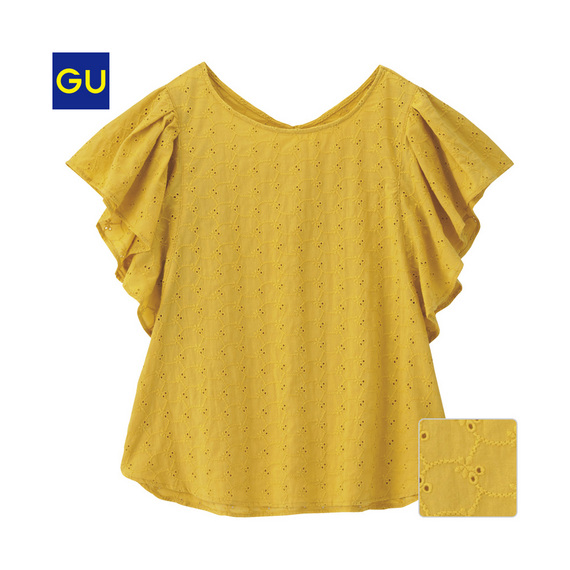 （GU）コットンレースフリルスリーブブラウス