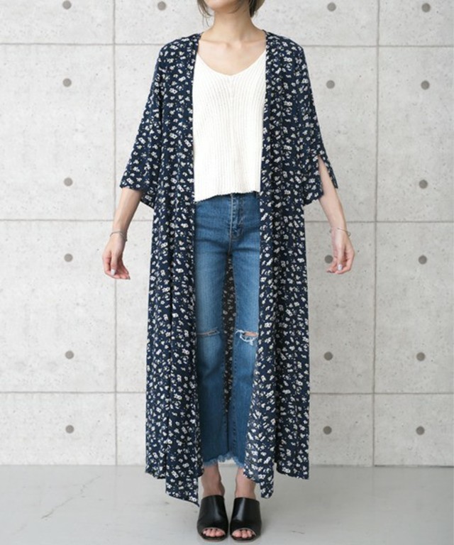 select MOCA　小花柄ウエストロープ付きスリットスリーブ七分袖両サイドポケットフレアシフォンロングガウン