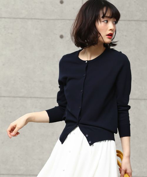 vis クルーネック７分袖カーディガン