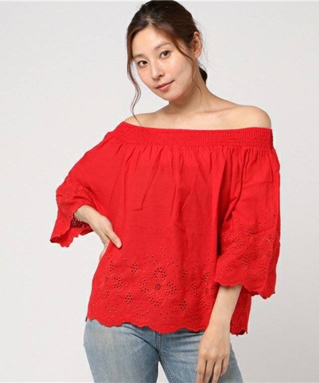 パネル柄カットワーク 7分袖プルオーバー