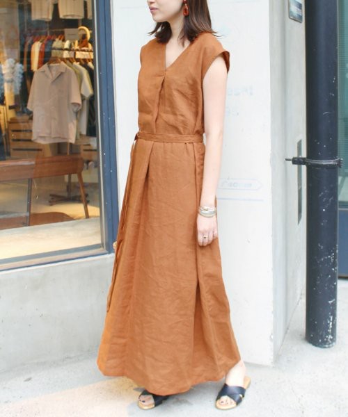 ベルト付 リネンキャンバス ワンピース