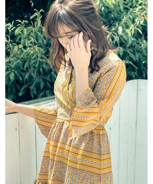 小花柄カシュクール袖フレアワンピースワンピース