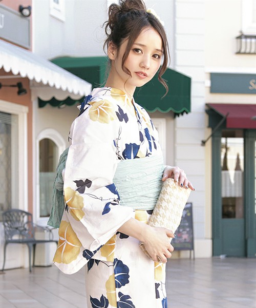 浴衣3点セット レトロな朝顔柄 （浴衣＋帯＋下駄）