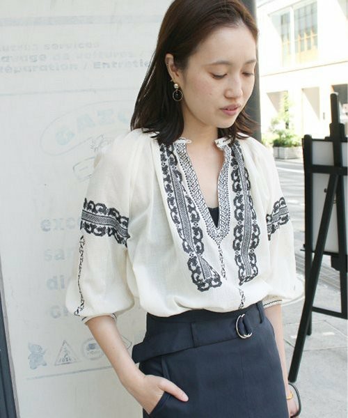 クロスステッチ刺繍7分袖ブラウス