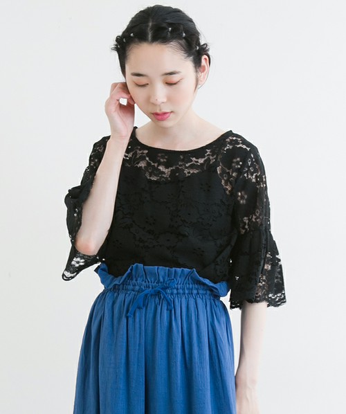 フラワー総レースフレアスリーブシースルートップス