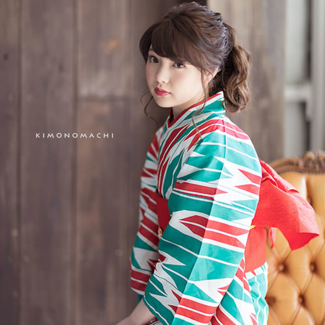 浴衣5点セット「恋する浴衣」ターコイズ矢羽