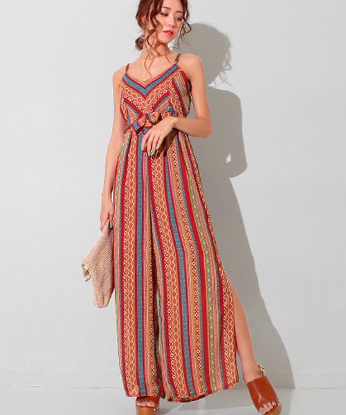 裾スリット入柄キャミオールインワン