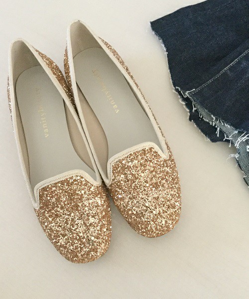 スクウェアグリッターオペラフラットシューズ