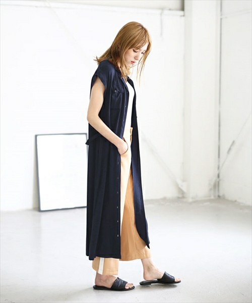 2wayベルト付きフロント両ポケットノースリーブロングシャツワンピース