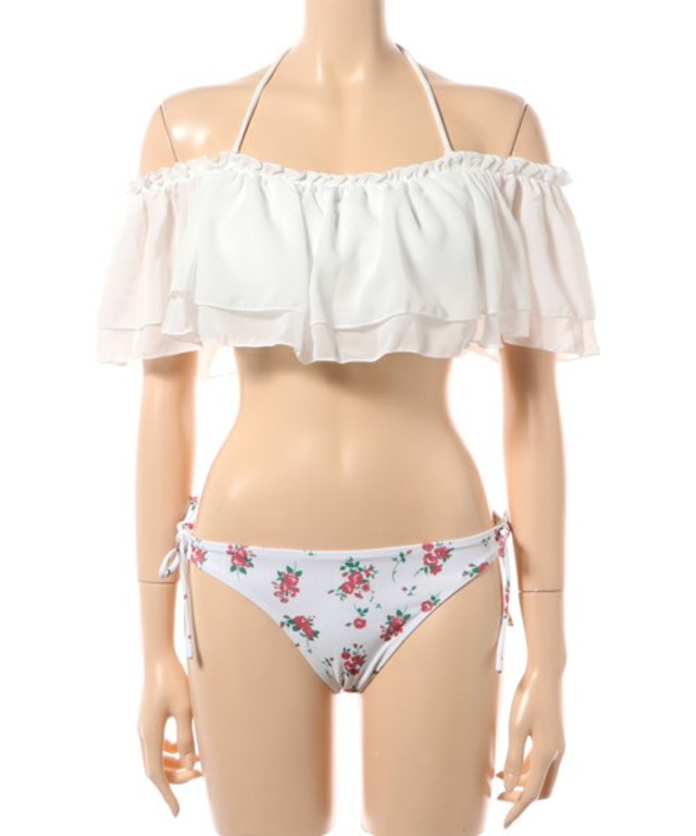 小花プリントノンワイヤーオフショルダービキニ