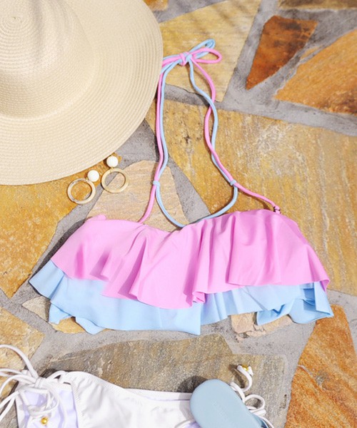 配色ダブルフリル・ブラトップ/水着/3Dビキニ