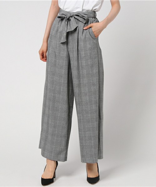 サッシュ付グレンチェック柄ワイドパンツ