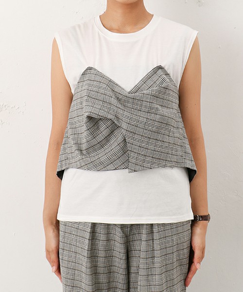 チェックビスチェ付トップス