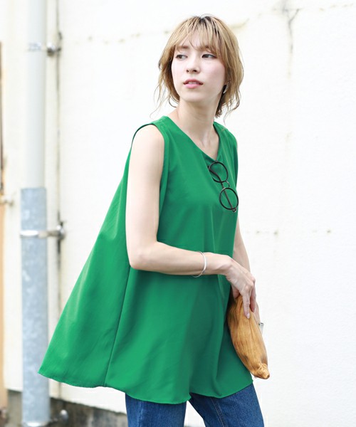 リネンラウンドネックノースリーブシンプルフレアチュニックブラウス